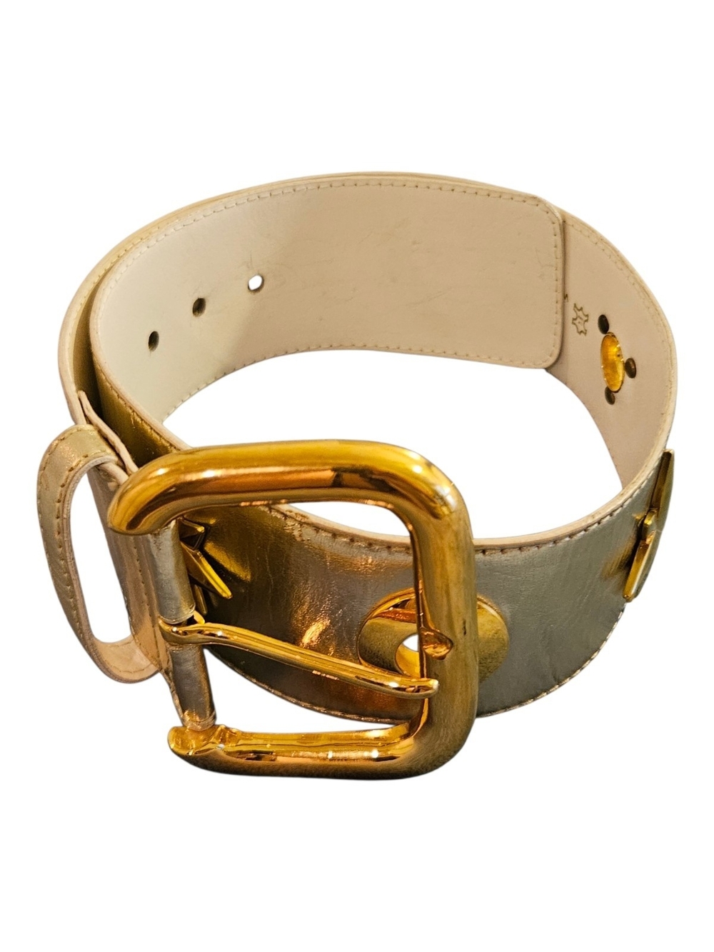 Escada Champagne Metallic Gold Star Studded Leather Belt Vintage